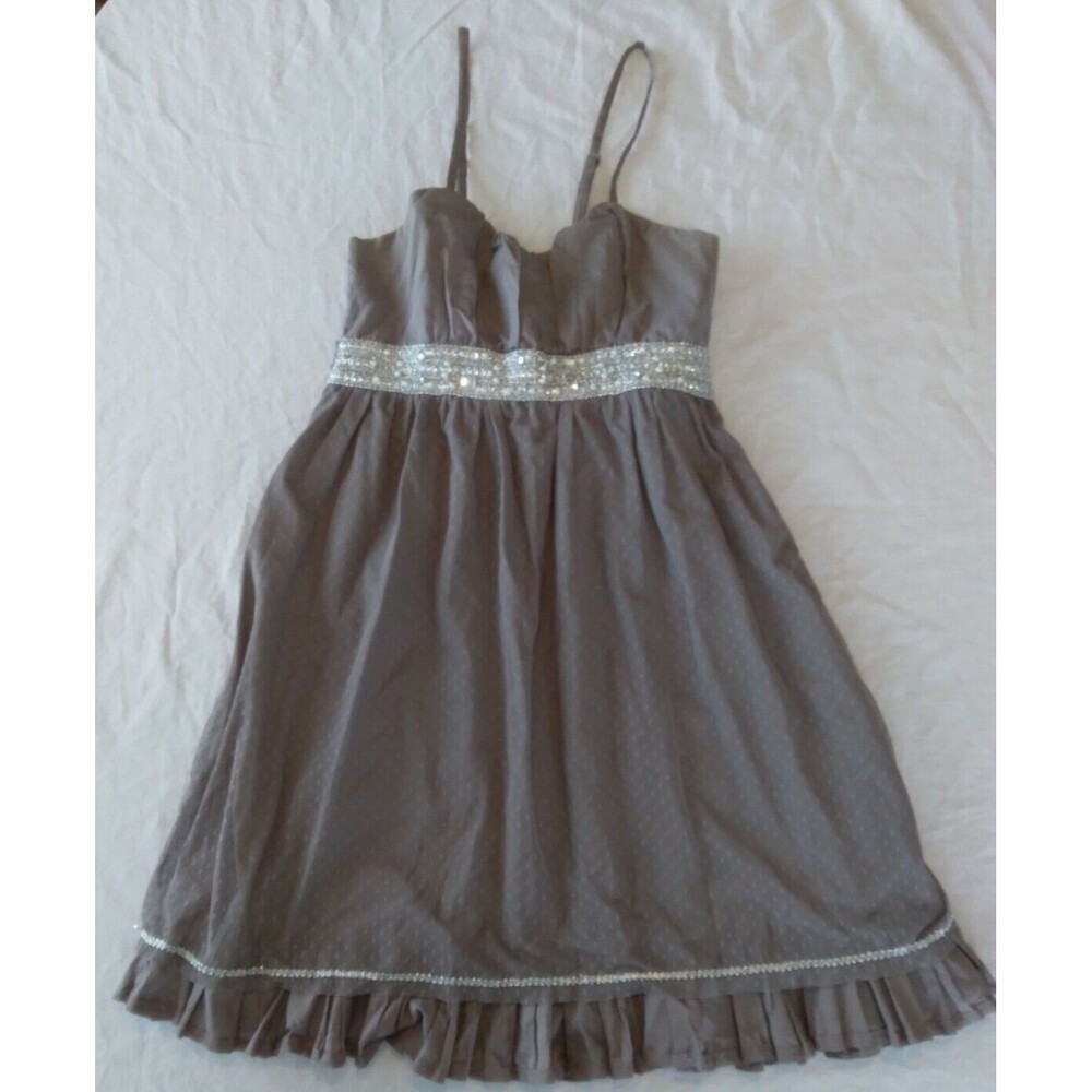 Daytrip Dress Gray Strappy Babydoll Lace Ruffles Rhinestones Beads Womens Medium